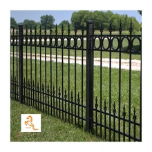 Ornate galvanized powder coated wrought Iron metal steel black security crimped spear top garden fencing with solid rings