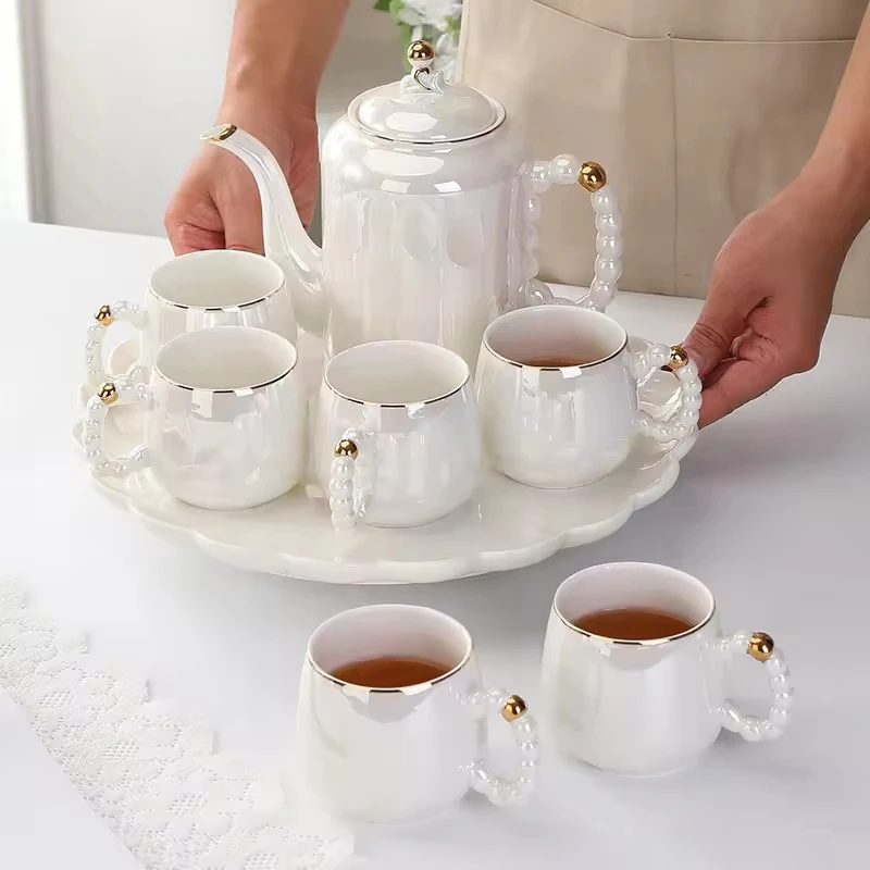 Nordic Pearl Glass Ceramic Water Set Color Glazed Gold Edge Coffee Cup Tea Set with Tray