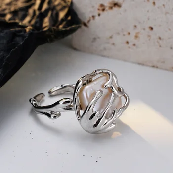 Icebela Jewelry 925 Sterling Silver French Baroque Pearl Ring Square Bead Index Finger Superior Sense Opening Ring for Lady