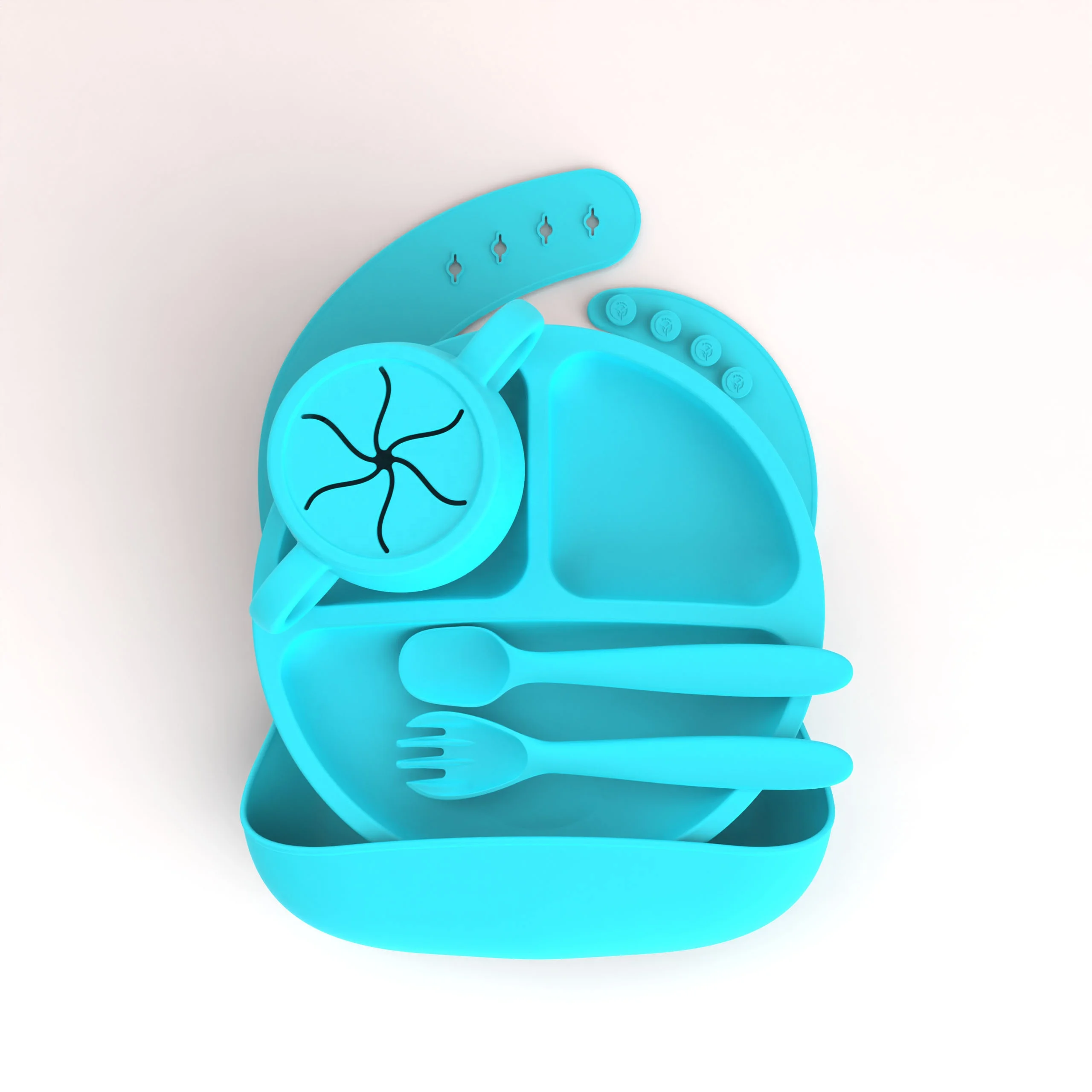 Wholesale BPA Free Ecofriendly Baby Weaning First Stage Silicone Baby Feeding Set Silicone Suction Plate Cup Spoon Bibs