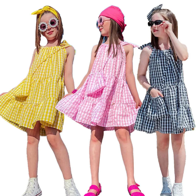 New fashion toddler girls dresses plaid pleated strap lace up ruffle A-line skirt boutique girls casual dresses for summer