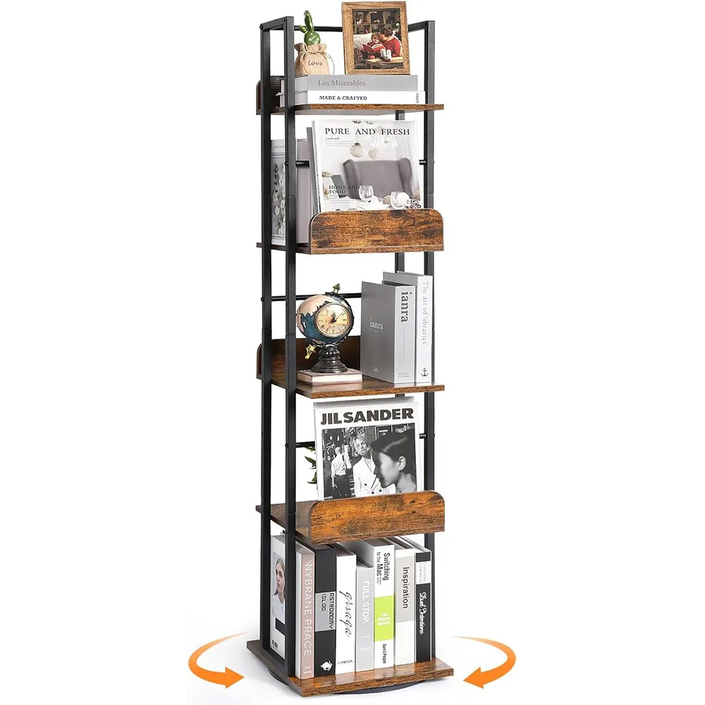 Modern 360 Display Spinning Ladder Shelf 5-Tier Narrow Tall Bookcase Small Corner Living Room Book Shelves manufacture