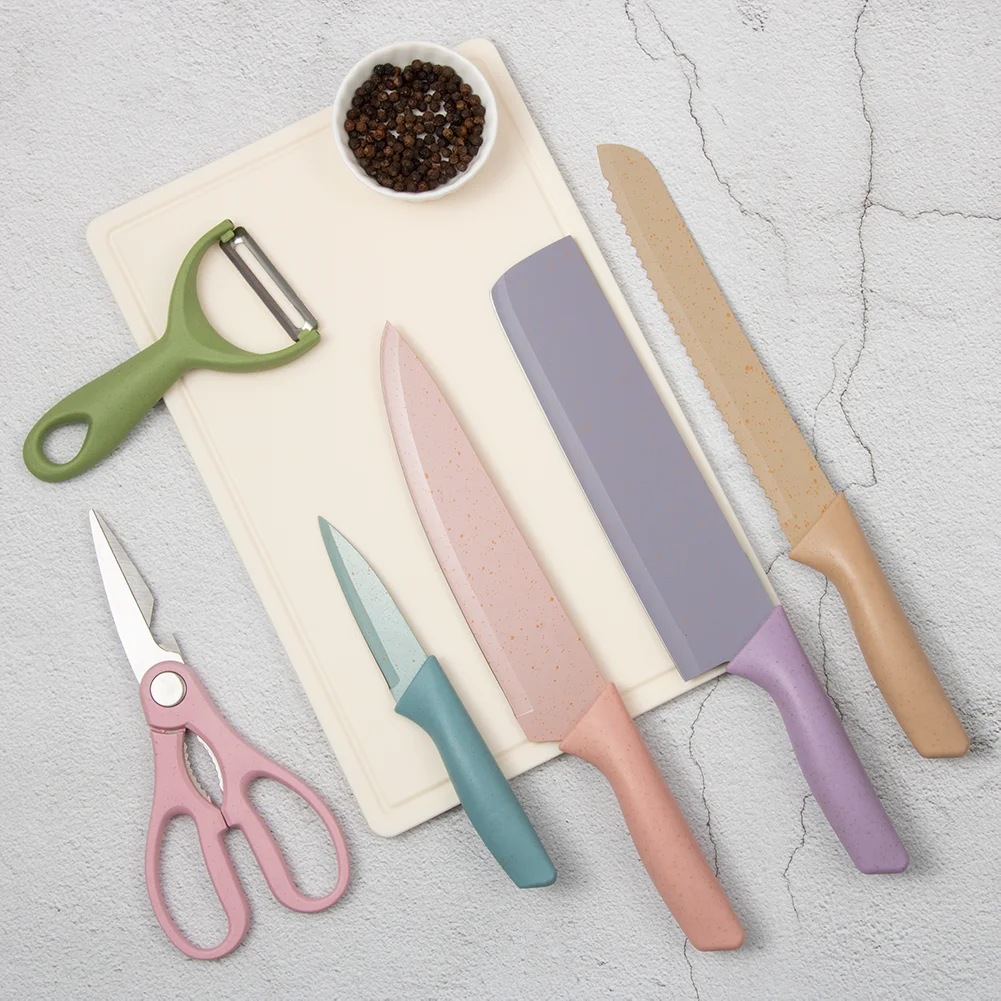 Factory Wholesale 6PCS Straw Coating Kitchen Knife Set Multicolor Peeler Bread Slicing Knife And Scissors