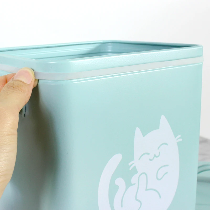 Airtight Dog Treat Storage Tin with Scoop High Quality Galvanized Iron Metal Food Packaging Rectangle Stocked Pet Food Container