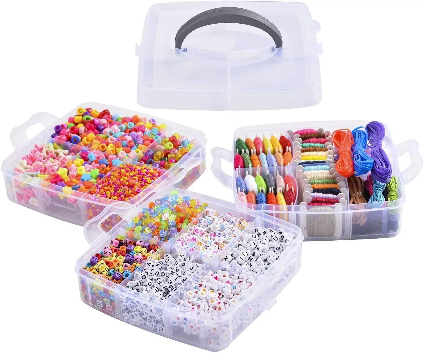 3 layer container box packing for luxury plastic pony beads set with embroidery thread for kids jewelry making supply kit