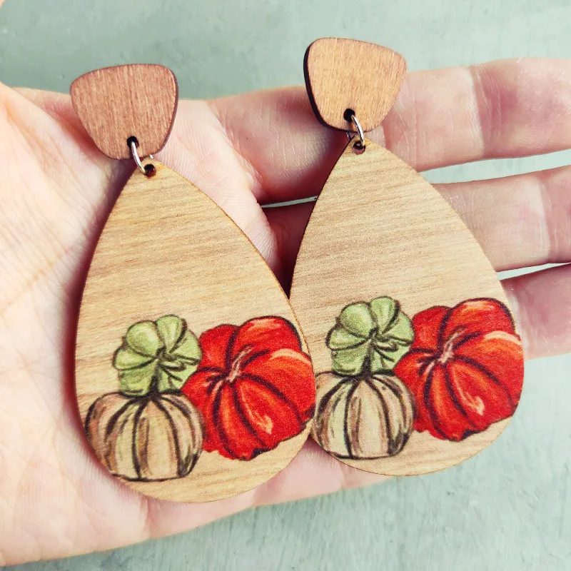Autumn Thanksgiving Pumpkin Earrings Colorful Maple Leaf Sunflower Pumpkin Coffee Cup Hollow Water Drops Wooden Earrings