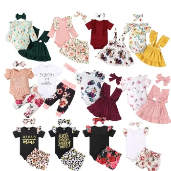Infant Baby Girl Outfit Ruffle Romper Ribbed Bodysuit Floral Pants Set With Headband