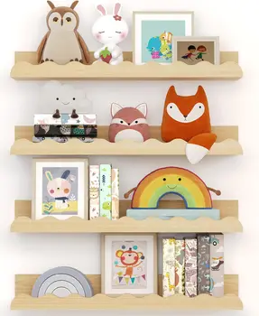 Kids' Bookshelf Set of 4 - Nursery Book Shelves, Picture Ledge Shelf for Wall Decor and Storage