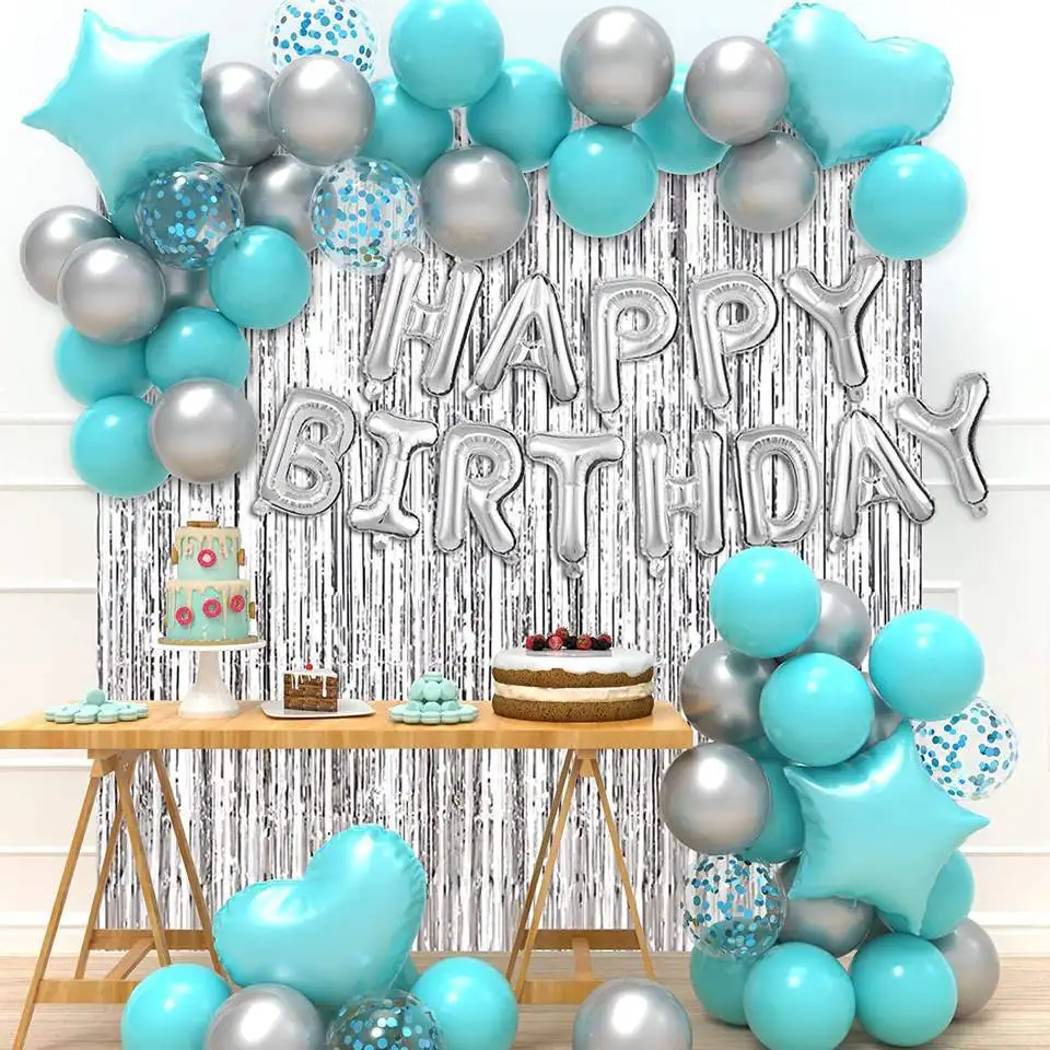 Silver Mint Green Balloon Foil Fringe Kids Birthday Theme Decoration Supplies