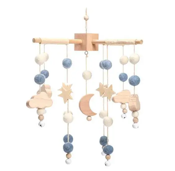 Boho Nursery Decor Handmade Musical Baby Mobile for Crib Hanging Wood Star Moon Wooden Baby Crib Nursery Mobile with Pompom