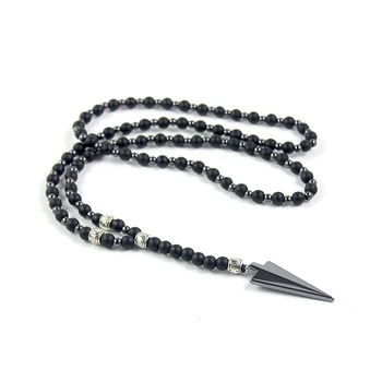 New Design Matte Black Onyx 6mm Round Beads and Hematite Bead Long Necklace with Arrow Pendant Fashion Men's Jewelry