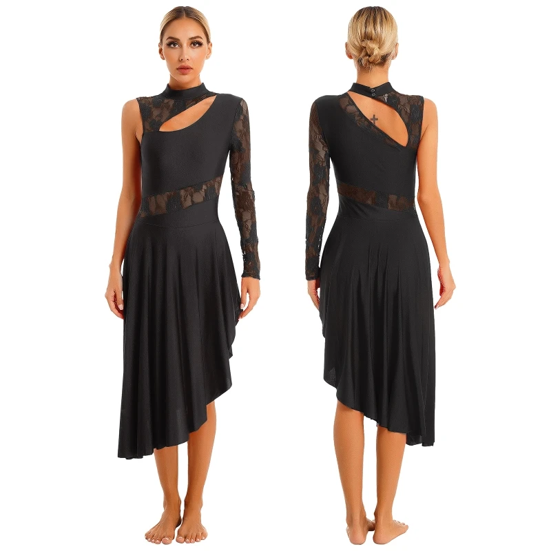 Womens Dance Costumes Sheer Lace Cutout Dance Wear One Shoulder Long