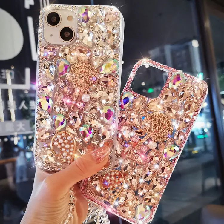 Luxury Glitter Rhinestone Bling Lollipop Phone Case with Strap for iPhone 15 14 12 11 pro max Samsung S24 S23 A13 A54
