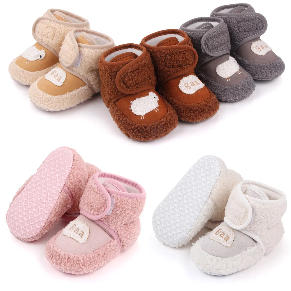 Winter Baby Fluffy Lamb Solid Color Warm High Top Soft Sole Infants Walking Cotton Boots manufacture