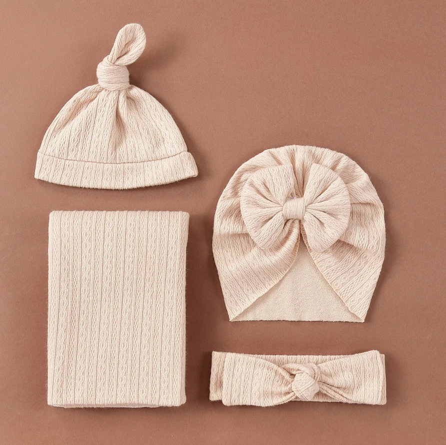 4pcs set Baby Blankets Newborn Rayon Swaddle Donut Knot Turban Hat Bowknot Headband Cotton Baby Swaddle Blanket Wrap Set