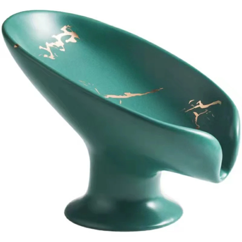 Shower Kitchen Counter Top Ceramic Marble Look Leaf-Shape Self Draining Soap Holder Soap Dish for Bathroom