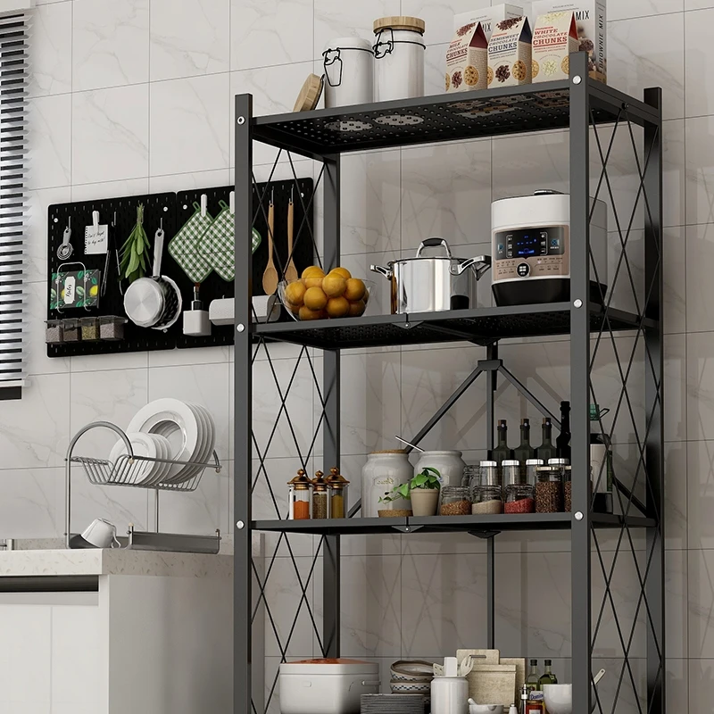 Four layer kitchen storage rack  kitchenware storage  carbon steel mesh folding storage rack