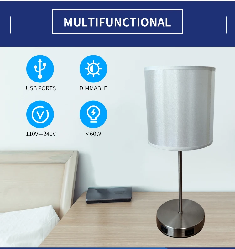 Living room furniture trim lamp Grey TC cloth cover dual USB desk lamp