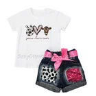 Baby Outfit Girls Set 100%cotton Peace Love Cow Print T-shirt With Sequin Denim Shorts Exquisite Baby Girls Outfit Sets