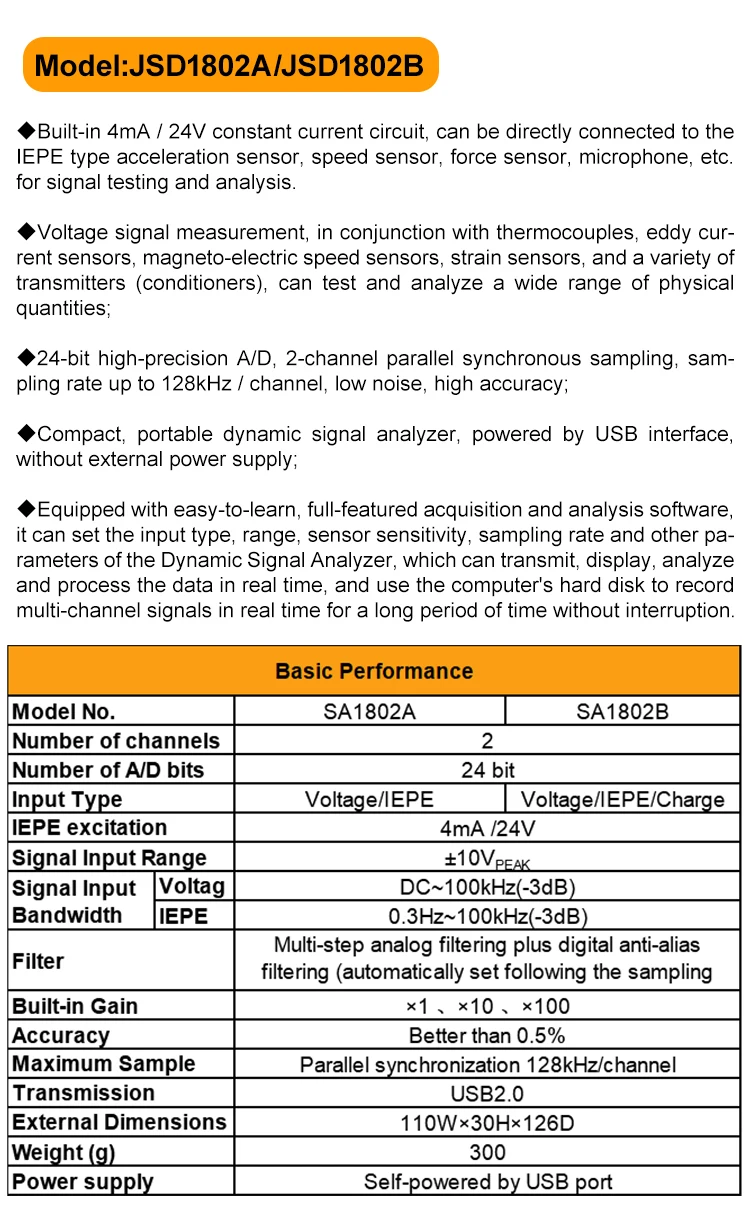 JSD1802A Data Collection Voltage/IEPE Multi Channel Data Acquisition Controller Vibration Analyzer factory