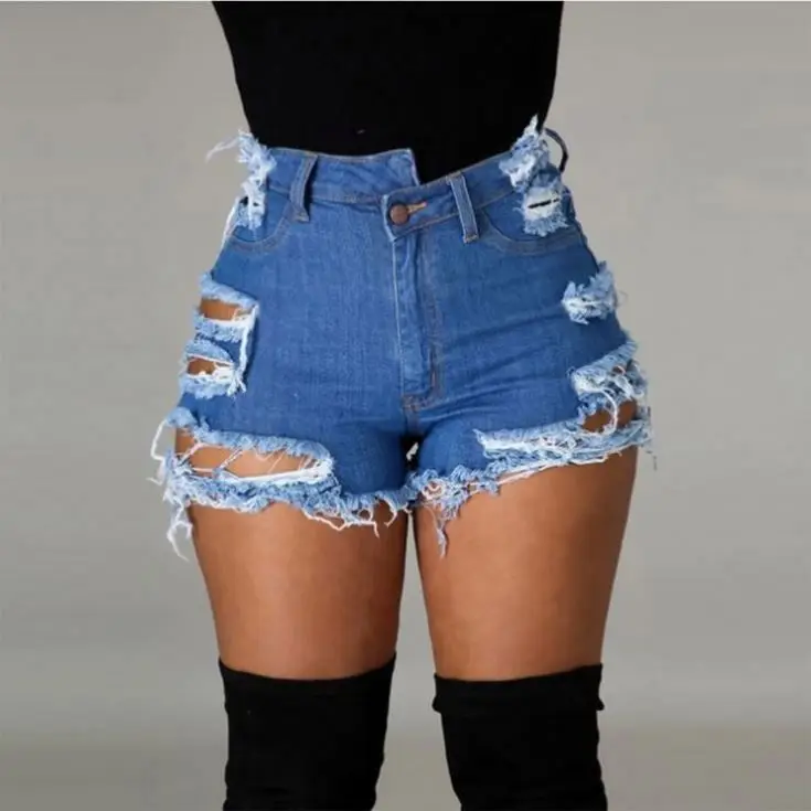 Wholesale Girls Shorts Para Mujer Zipped Button Roupa Ripped Denim Short Plain Dyed Feminino Jeans Blue Jean Women's Shorts