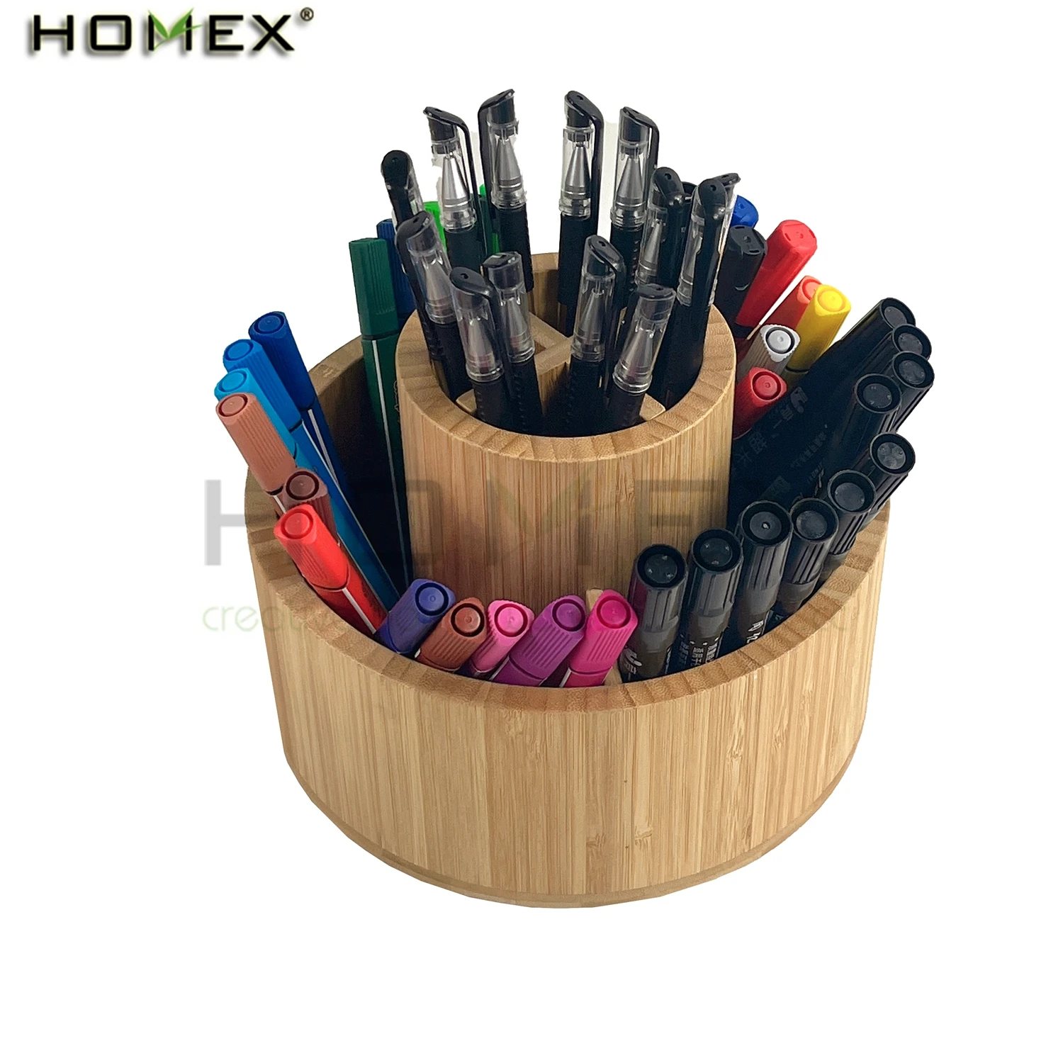 Bamboo Pen Holder Organizer Round Rotating Art Supply Organizer Desktop