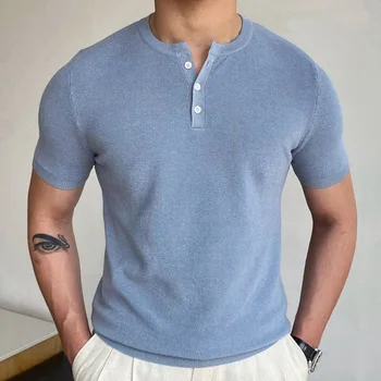 New Knitted Crewneck Short Sleeved T Shirt Casual Collar Button Thin Knit Shirt Man