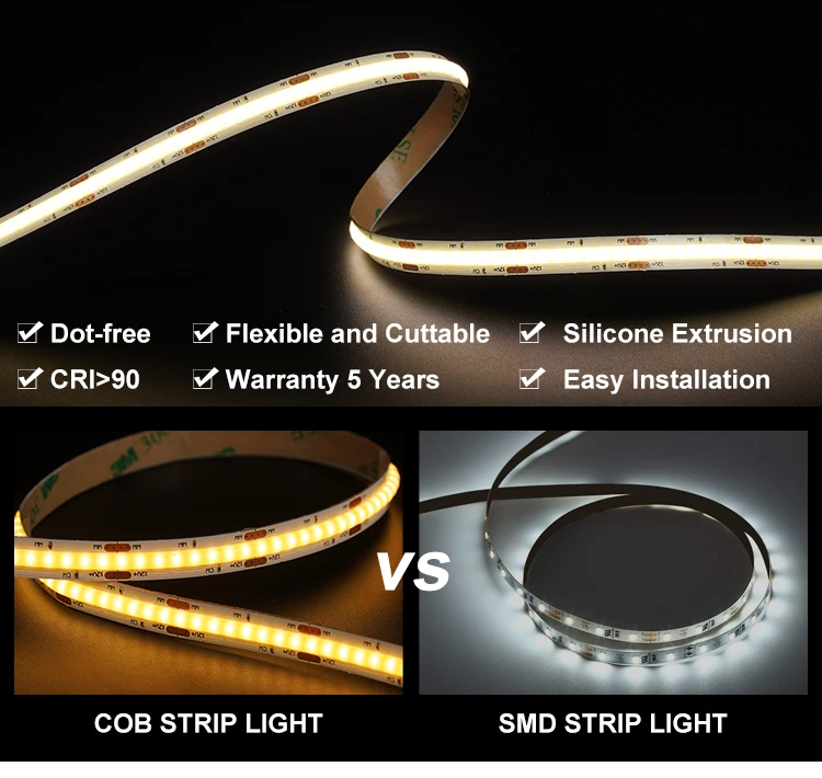 Custom COB DC24V 10MM Width 12W/M IP20 IP65 Dimmable Indoor Decoration Strip Lights Smart Strip Lights for Indoor Decorations supplier