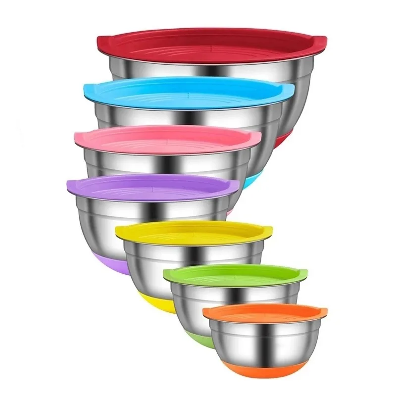 Top selling Stainless Steel Salad Bowl Heat Insulated Non-Slip Bottom Rice Soup Mixing Bowls Set with Airtight Lids