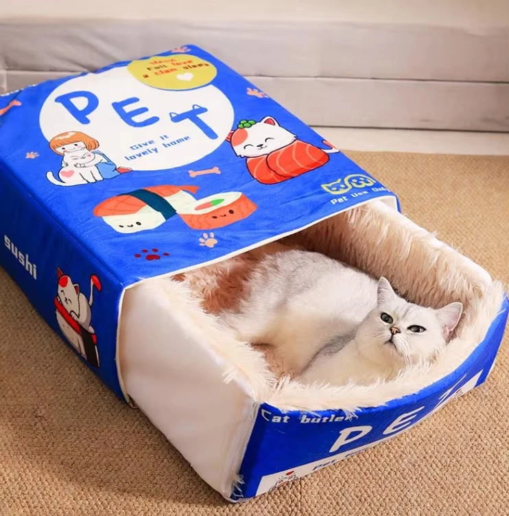 New Snack Box Plush Pet Bed Fully Enclosed Cookie Box Shape Warm Soft Windbreak Cute Pull Out Cat House Cushion Pet Products factory