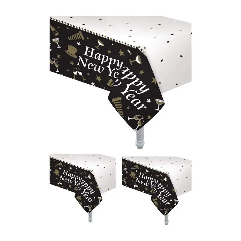 3 Manteles Cubiertas de Mesa de Happy New Year Cubiertas de Mesa Desechables de Plástico Negro y Dorado Bandera Mantel de Año Nuevo Impreso para Suministros Decoración de 54 x 108 Pulgadas 