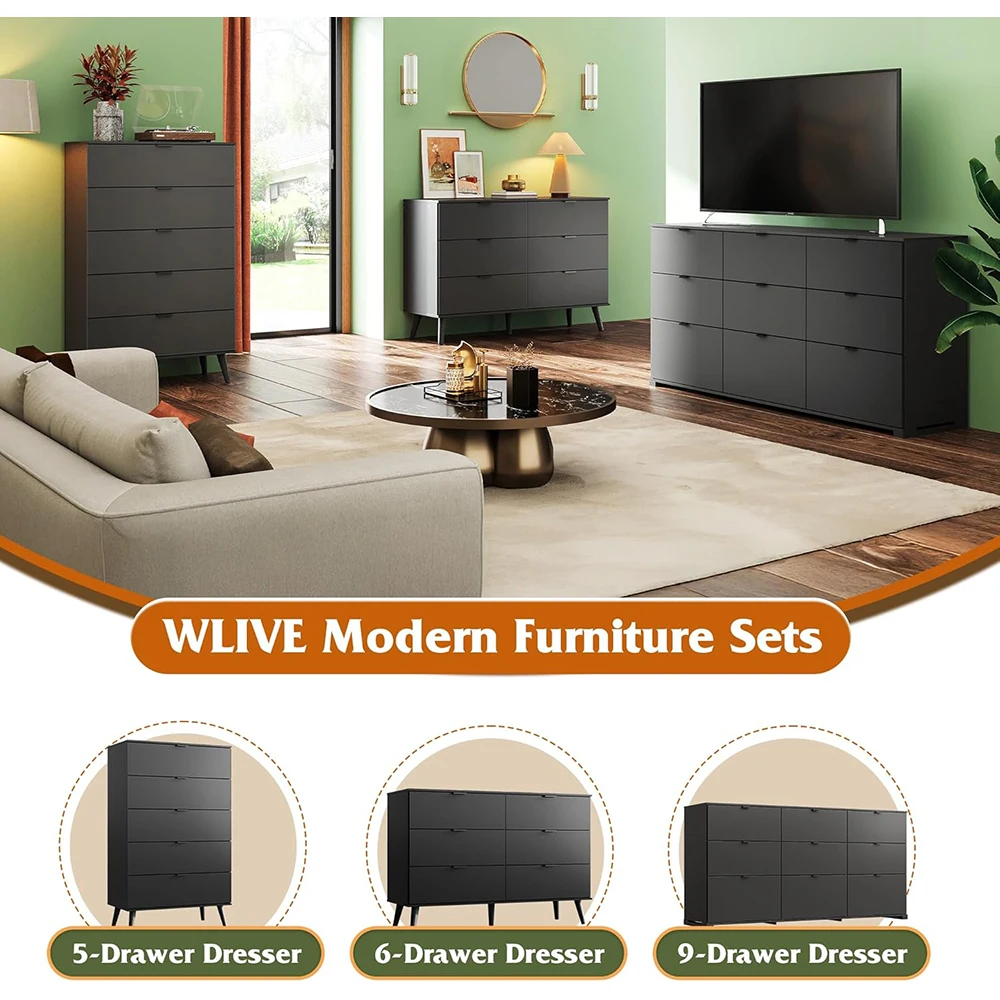 product nu deco modern black wooden 6 drawer dresser with sturdy metal handles 4724 wide tv stand for 55 tvs bedroom storage-5