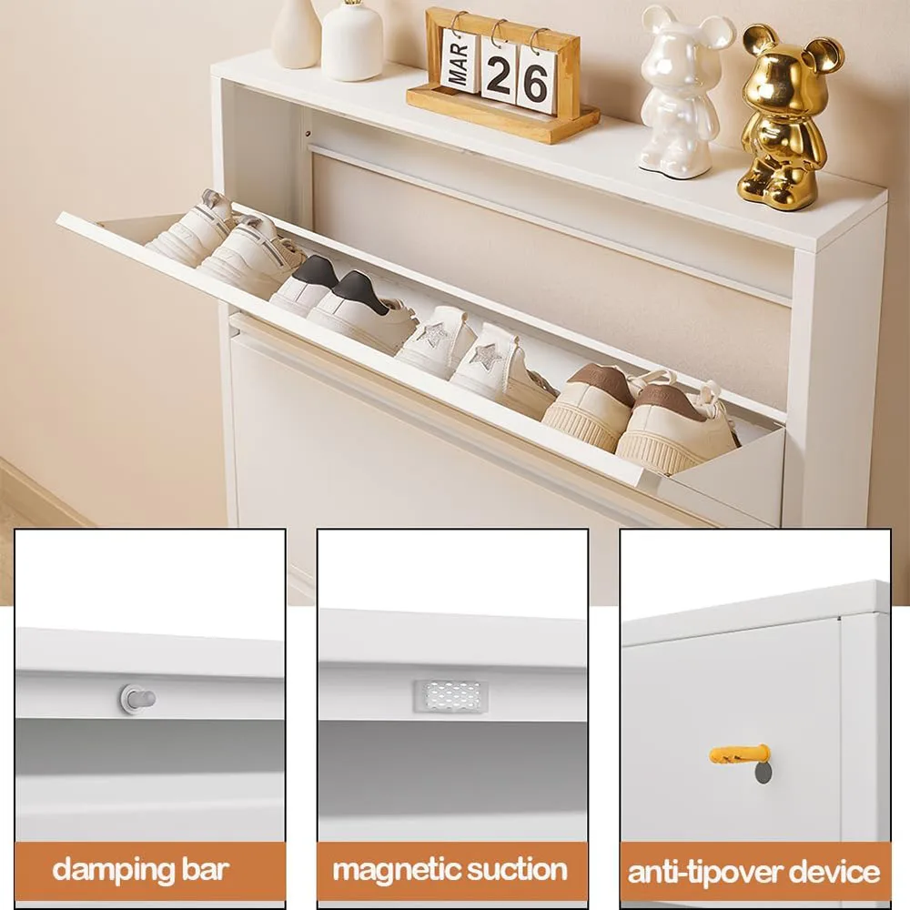White MDF Shoe Storage Cabinet with 3 Flip Drawers Slim Narrow Hidden Metal Rack for Entryway Home Furniture details
