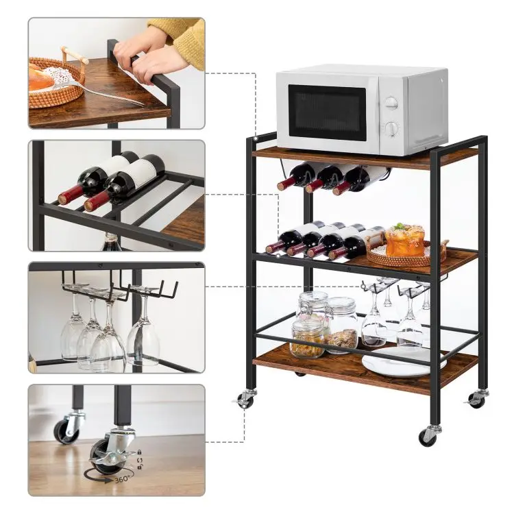 Wholesale 3 Tier Bar Cart Kitchen Serving Trolley Storage Rack Shelf with Wheels Wooden Rolling Cart for Dining Room