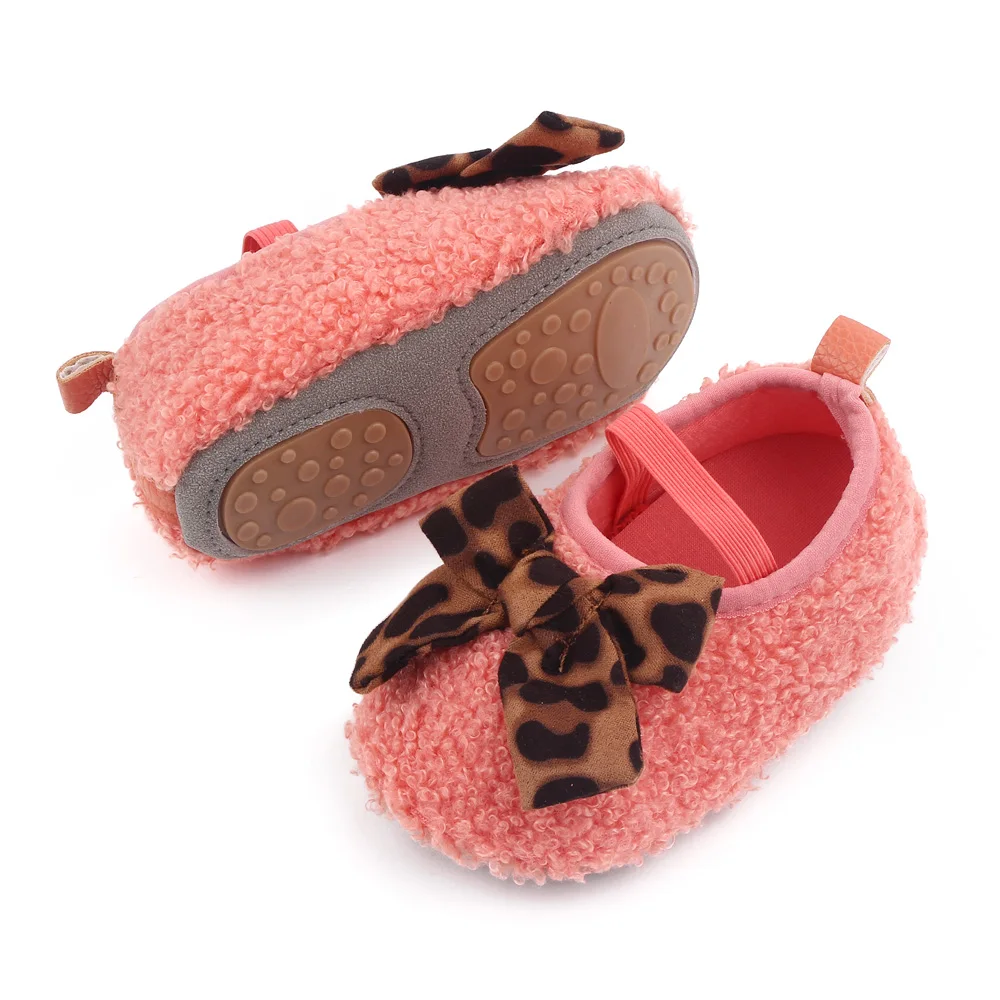 0-1 Year Old Infants Foot Set Solid Color Teddy Velvet Leopard Bow Baby Girls Cute Soft Soled Toddler Shoes details