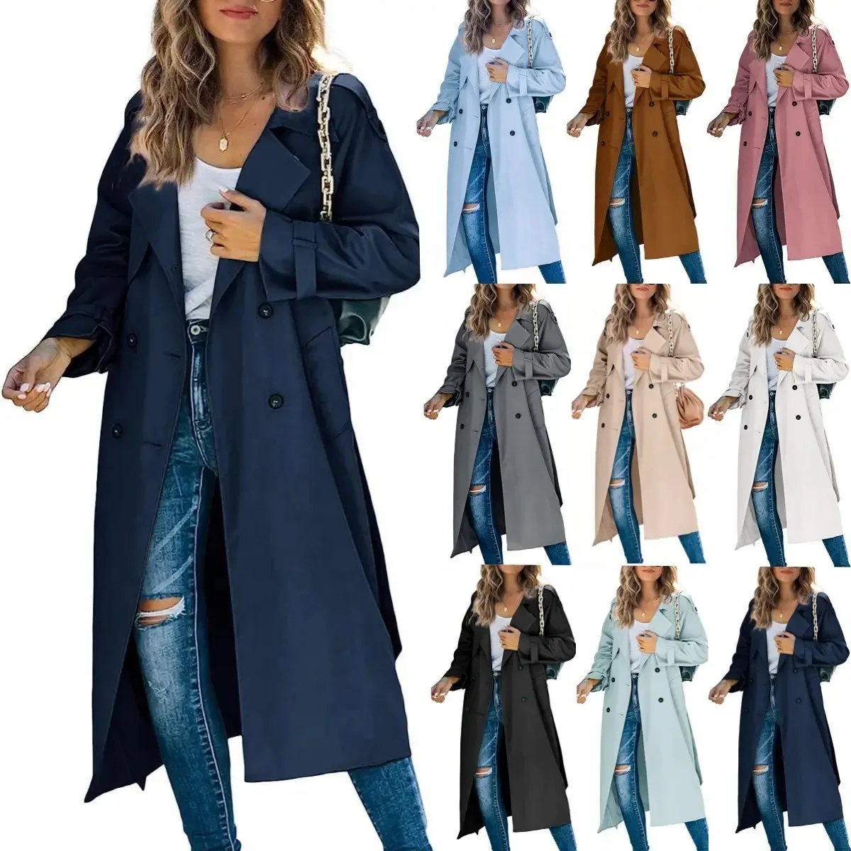 Women's Trench Coat Long double breasted Fall Fashion 2023 Classic lapel slim-fit coat with belt