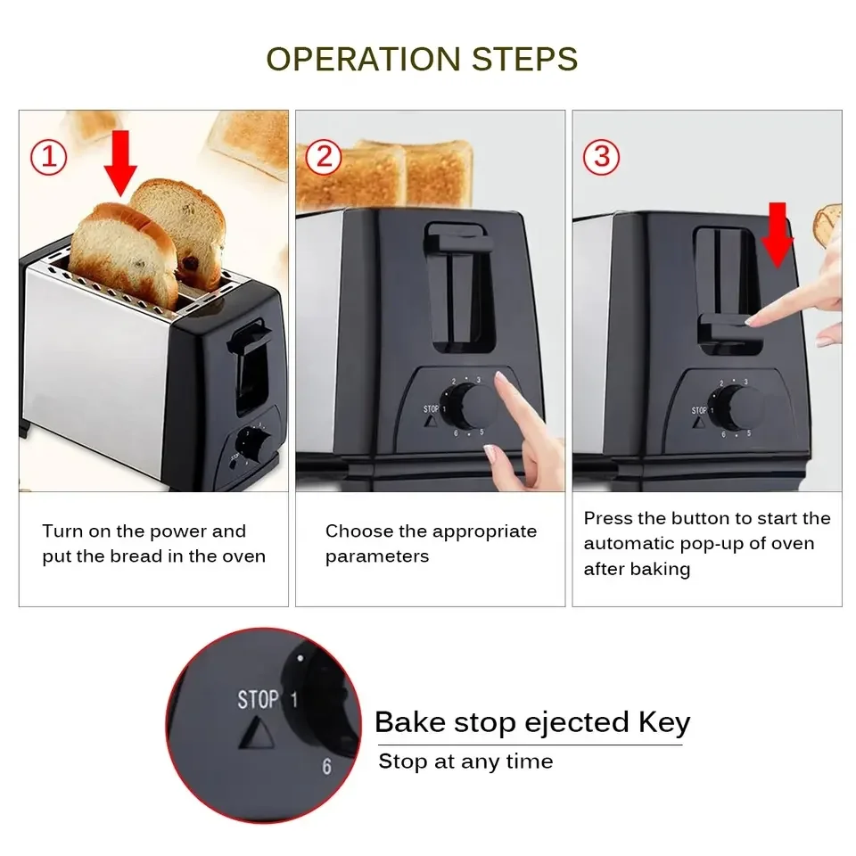 New Style 2 Slice Manual Bread Toaster Bread Sandwich Automatic Stainless Steel Electronic 2 Slice Toaster