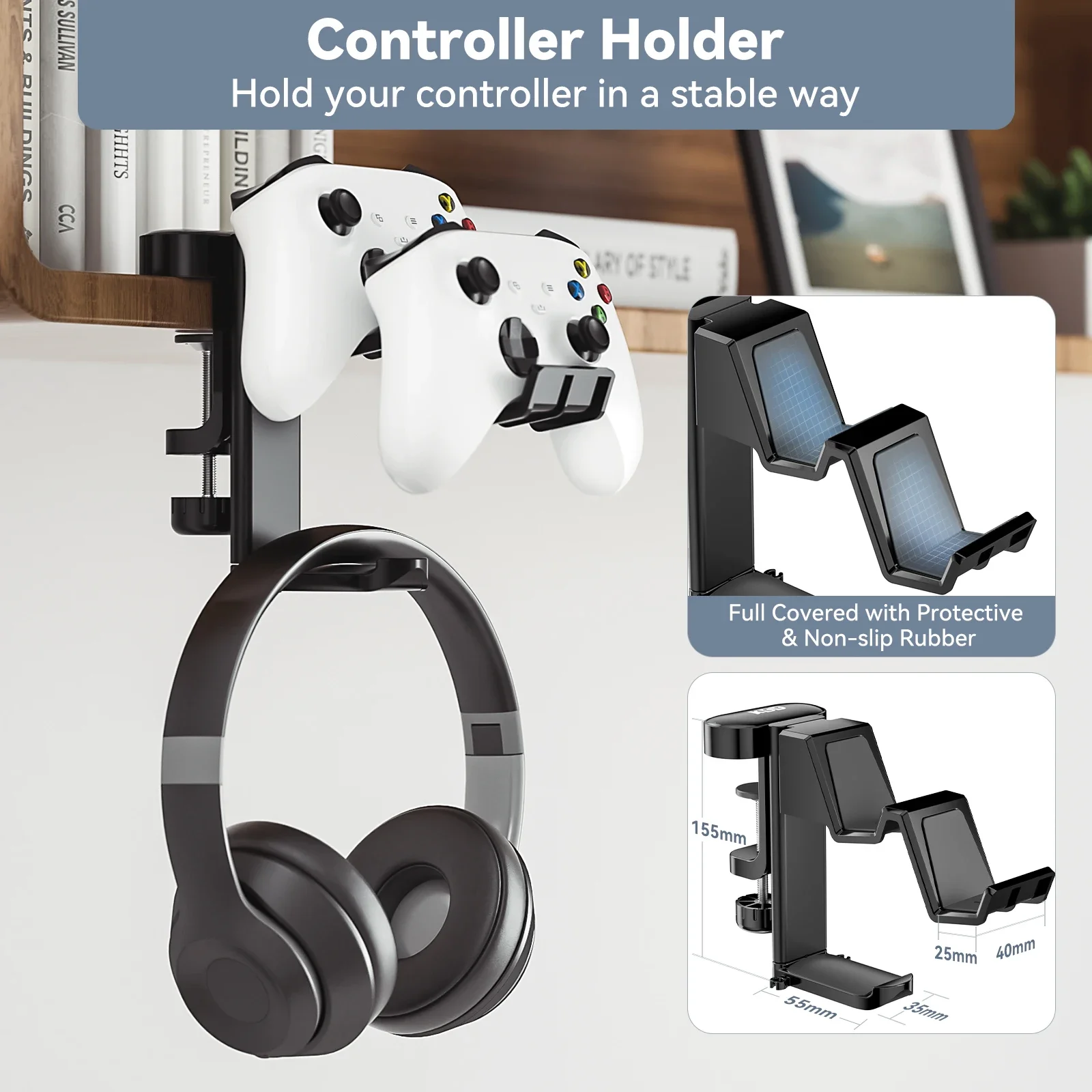 Rotatable Headphone Hanger - 3 In 1 Under Desk Clamp Controller