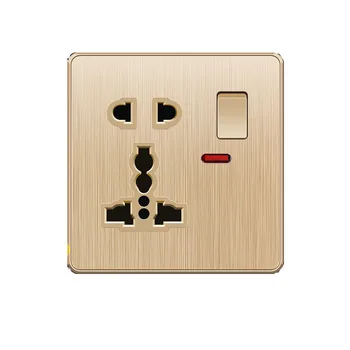 Uk 13A BRUSHED wall socket Switched 5 pin universal socket with neon ,high quality Golden Pc panel wall switches and socket