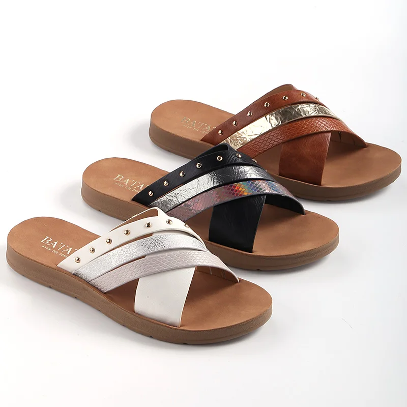 Forbyde halv otte Objector Slippers Wholesale Round Nails Decoration Cross Strap Slippery On Flat Shoes  Women Slides Slippers - Buy Flat Shoes Women Slides Slippers,Grace Silver  Shoes Summer Open Toe Fashion Outdoor X Strap Flat Heels