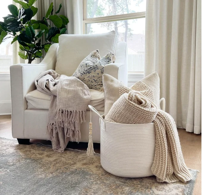 Goodpick Large Laundry Basket Decorative White Basket for Blankets Baby Living Room Bedroom White basket