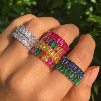 MICCI High Quality Tarnish Free Waterproof Luxury Women Jewelry CZ Rainbow Diamond 18K Gold Plated Stainless Steel Baguette Ring