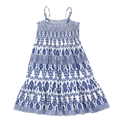 Latest new fashion frocks design 2023 summer floral casual spaghetti strap dress blue long smocking stitch baby girl dresses