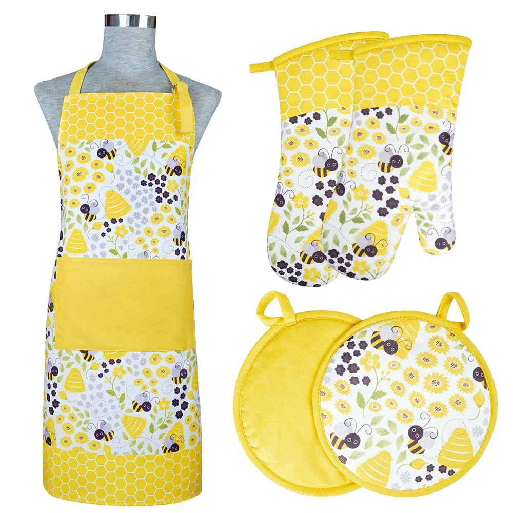 Bee Printing Oven Mitts Pot Holder Tea Towel Household Kitchen Set Custom Logo Printing Chef Apron Set