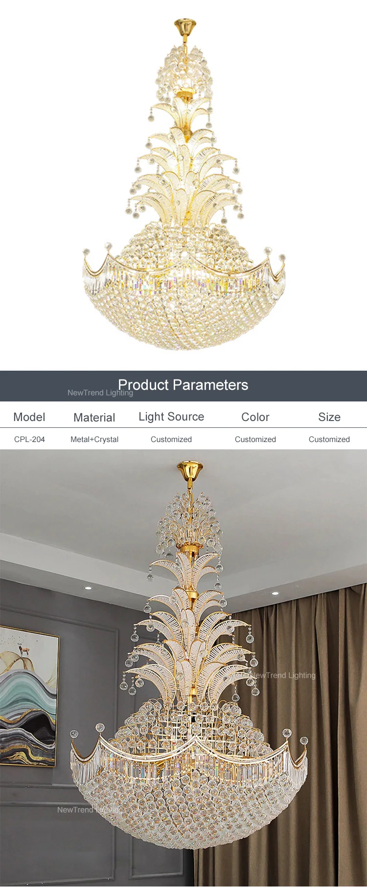 CPL-204 Custom Large Indoor Decoration Hotel Church Staircase Luxury LED Crystal Chandelier Lamp details