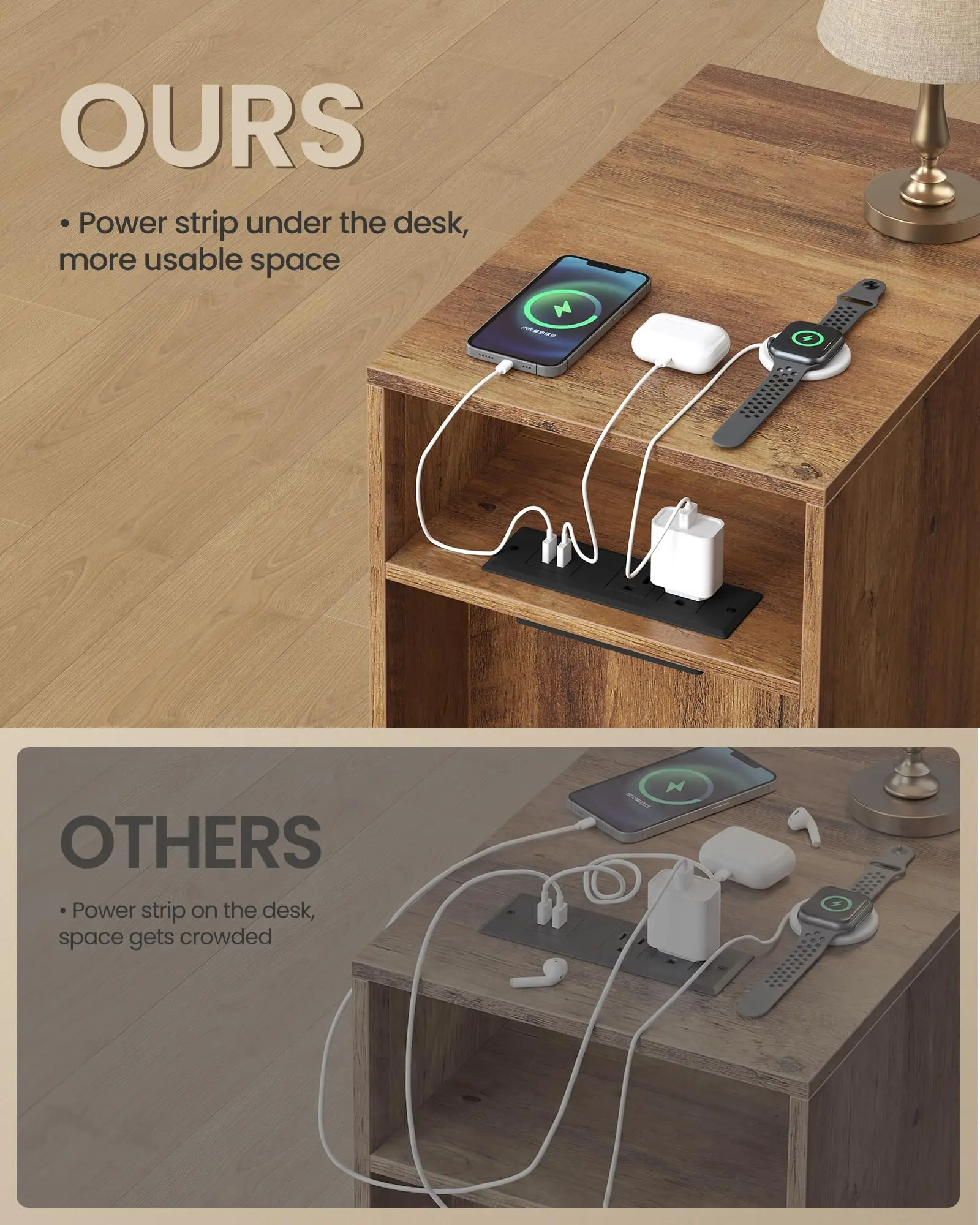product mid century modern nightstand with charging station fluted wooden end table with usb ac outlets cabinet for bedroom living room-7