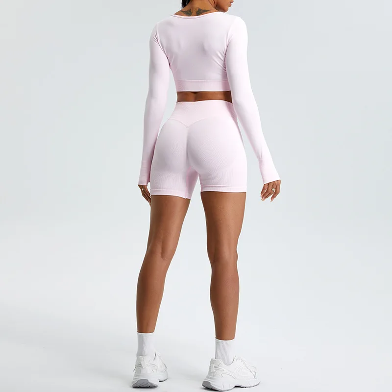 Peach buttocks solid color high elasticity yoga short sleeved shorts set fitness two-piece set