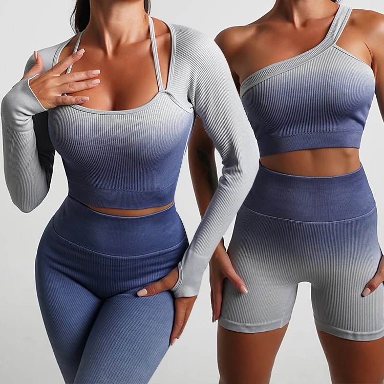 New Design Women Sports Suit Gym Wear Set 5 Piece Seamless Yoga Fitness Clothing Fashion Gradient Color Sportswear Workout Suits