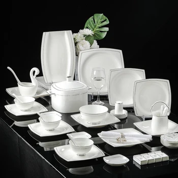 Nordic Modern bone China Ceramic Tableware White Body Silver Edge Plates Dinner Set Dinnerware Luxury Porcelain