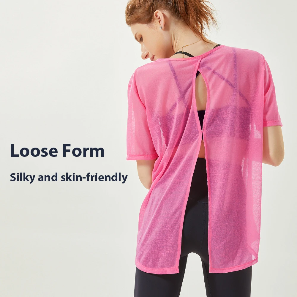 Supply Summer Sports Smock Translucent Gauze Loose Women Sport T-Shirt Unique Fitness Yoga Wear Sexy Running Wear